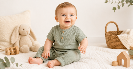 Un bébé en combinaison faite de gaze de coton est assi sur un tapis blanc. Il est entouré d'une peluche et de jouets en bois.