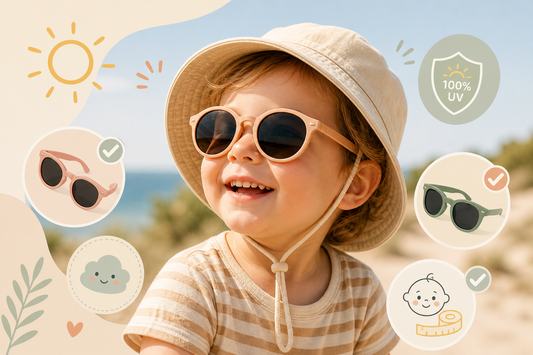 UN enfant sur la plage, protégé par des lunettes et un chapeau. 