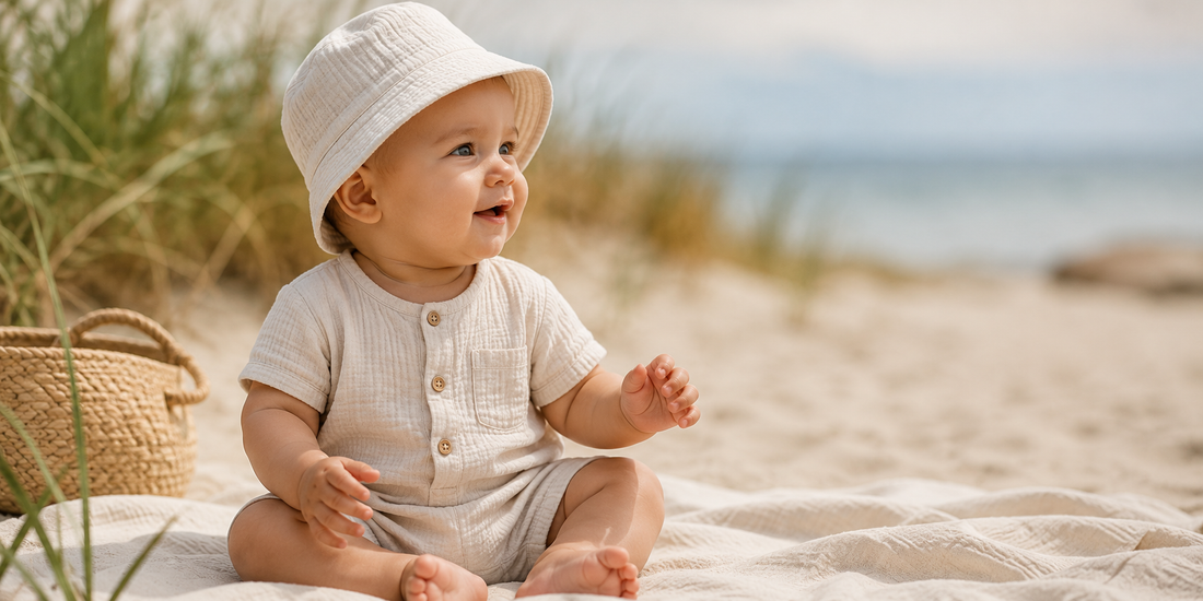 Bébé habillé en gaze de coton avec chapeau bob sur la plage été