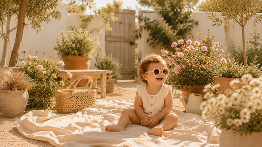 Bébé portant des lunettes à fleurs, assis dans un jardin ensoleilé