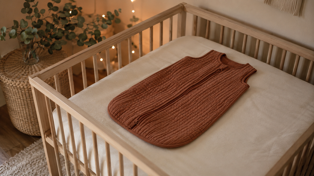 Gigoteuse terracotta dans une chambre de bébé bohème le soir