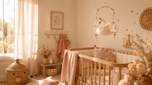 Chambre de bébé aux couleurs claires, style bohème. Décorée d'une suspension, de linge. Matériaux bruts.