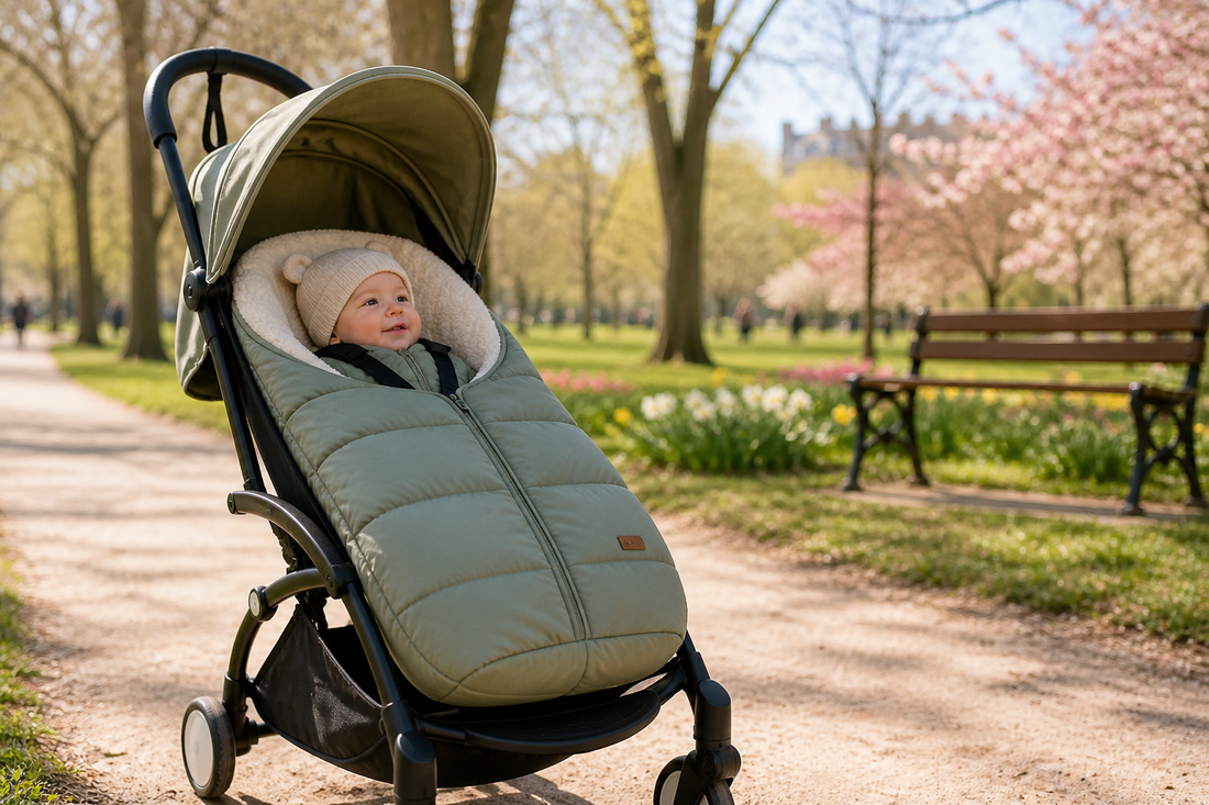 Poussette Yoyo avec une chancelière dans un parc en début de printemps