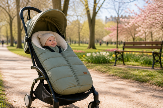 Poussette Yoyo avec une chancelière dans un parc en début de printemps
