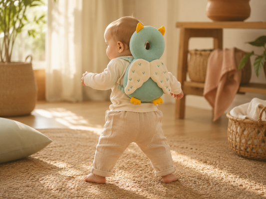 Bébé apprenant à marcher dans un intérieur bohème et sécurisé