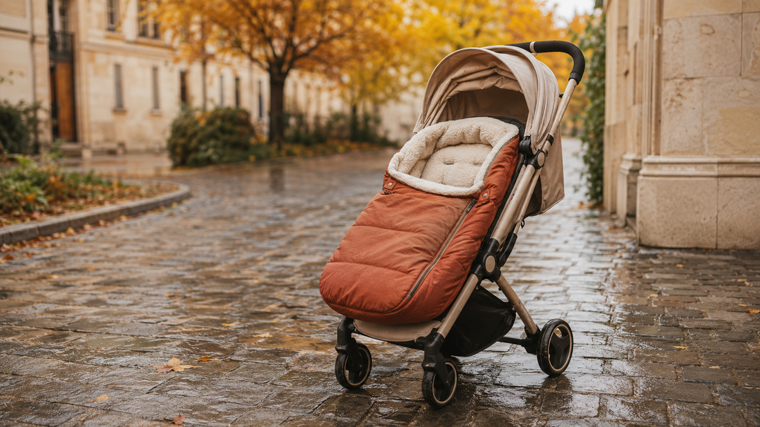Poussette équipée d'une chancelière terracotta dans un parc en automne.