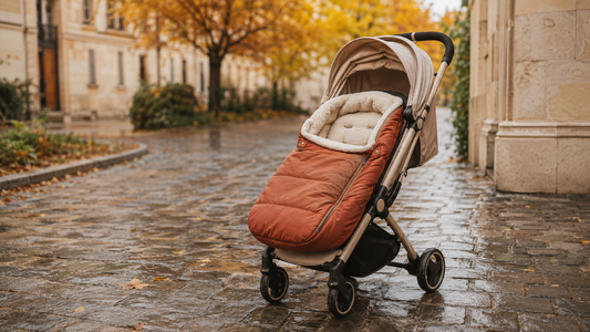 Poussette équipée d'une chancelière terracotta dans un parc en automne.