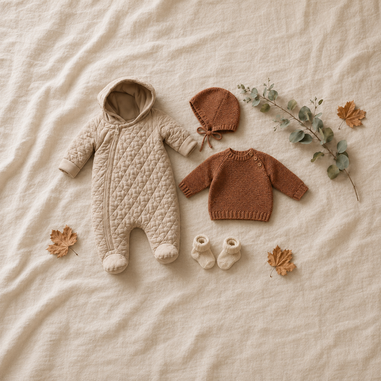 Vêtements bébé d'automne en tricot et matières chaudes, ambiance bohème