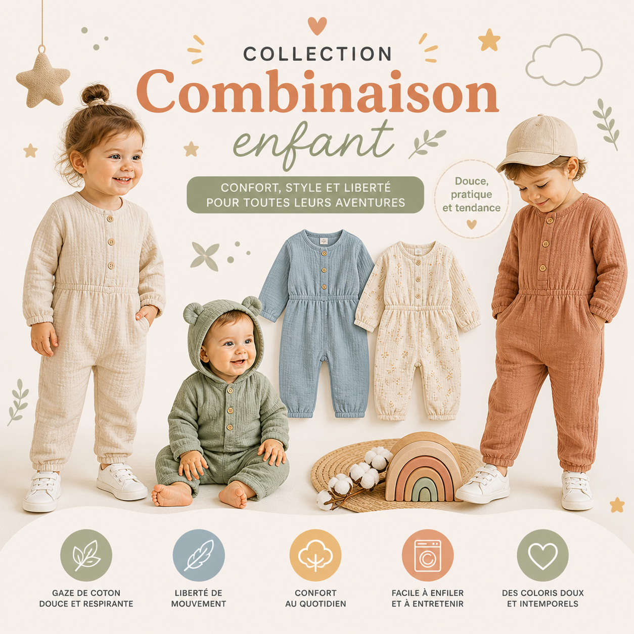 Combinaisons bébé et enfant en coton doux, vêtements pratiques et confortables pour le quotidien