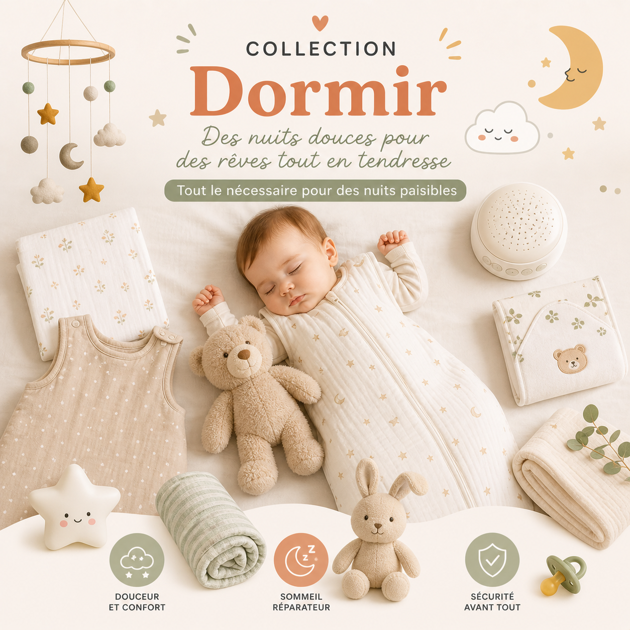 Collection bébé dormir avec accessoires de sommeil, gigoteuse, peluche et linge doux