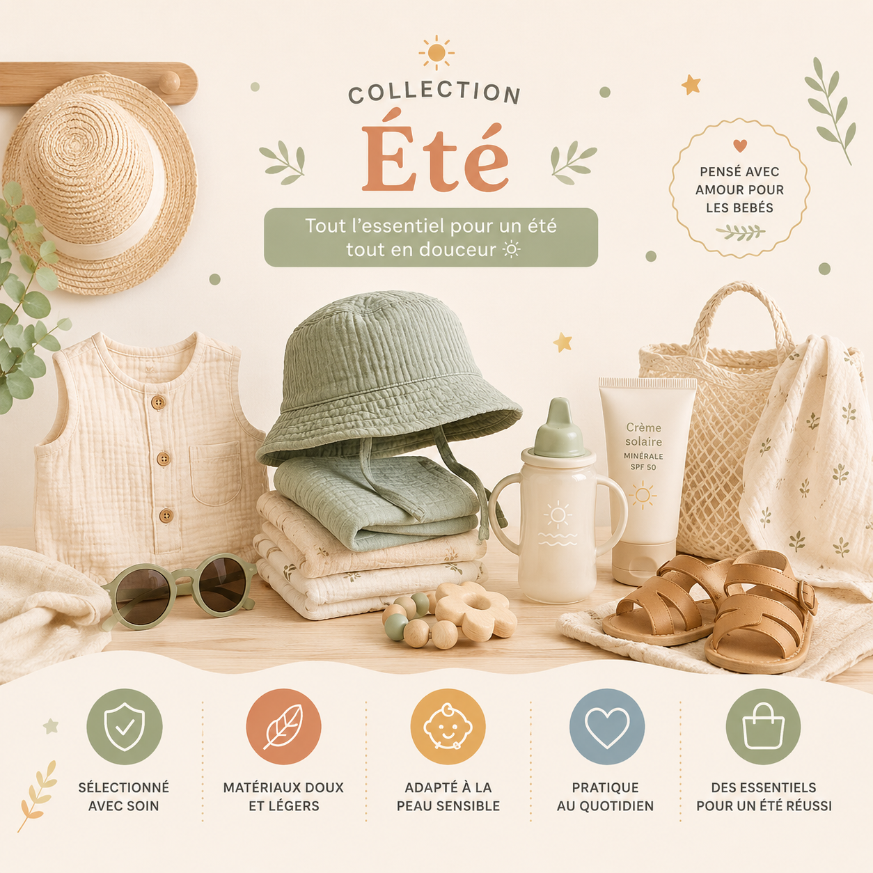 Collection été bébé et enfant avec vêtements gaze de coton et accessoires de plage