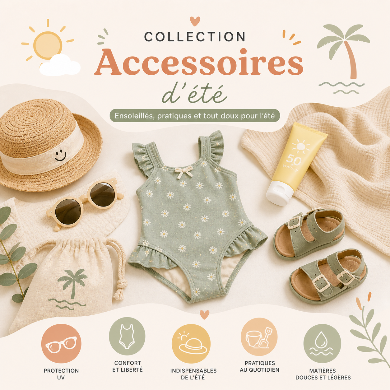 Accessoires pour l'été sont disposés sur un fond blanc: chapeau, lunettes, maillot de bain, sandales...