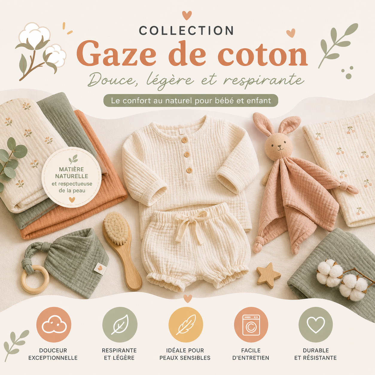 Produits bébé en gaze de coton : vêtements légers, langes et accessoires pour peaux sensibles