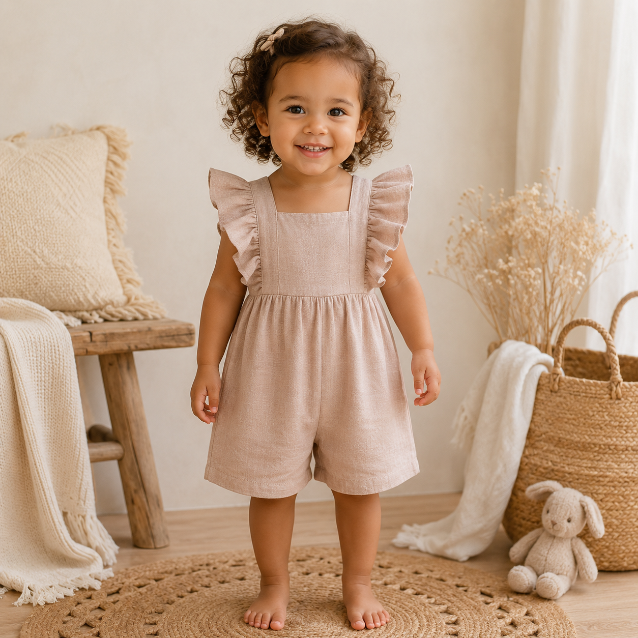 Petite fille métissée portant une barboteuse rose poudré en lin et coton avec manches volantées, dans une chambre au style bohème et chaleureux.