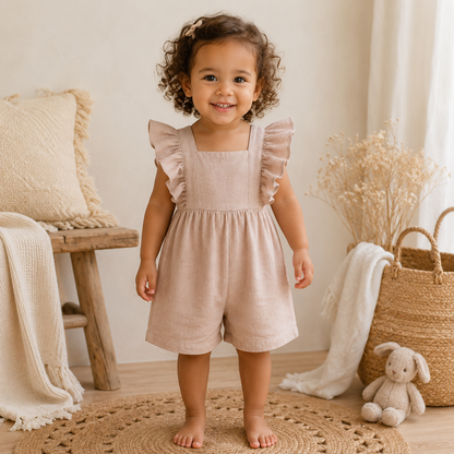 Petite fille métissée portant une barboteuse rose poudré en lin et coton avec manches volantées, dans une chambre au style bohème et chaleureux.