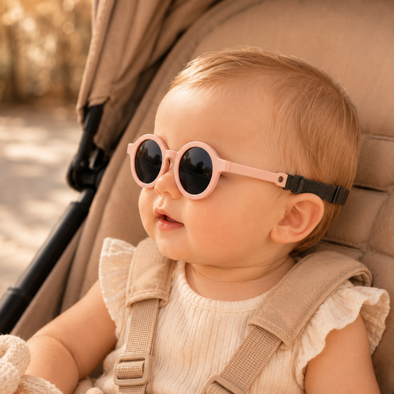 Bébé installé dans une poussette beige portant des lunettes de soleil rondes roses avec verres noirs polarisés et bandeau élastique ajustable.