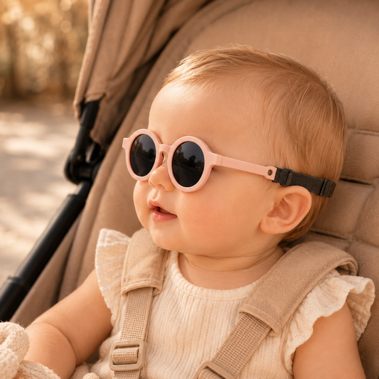 Bébé installé dans une poussette beige portant des lunettes de soleil rondes roses avec verres noirs polarisés et bandeau élastique ajustable.