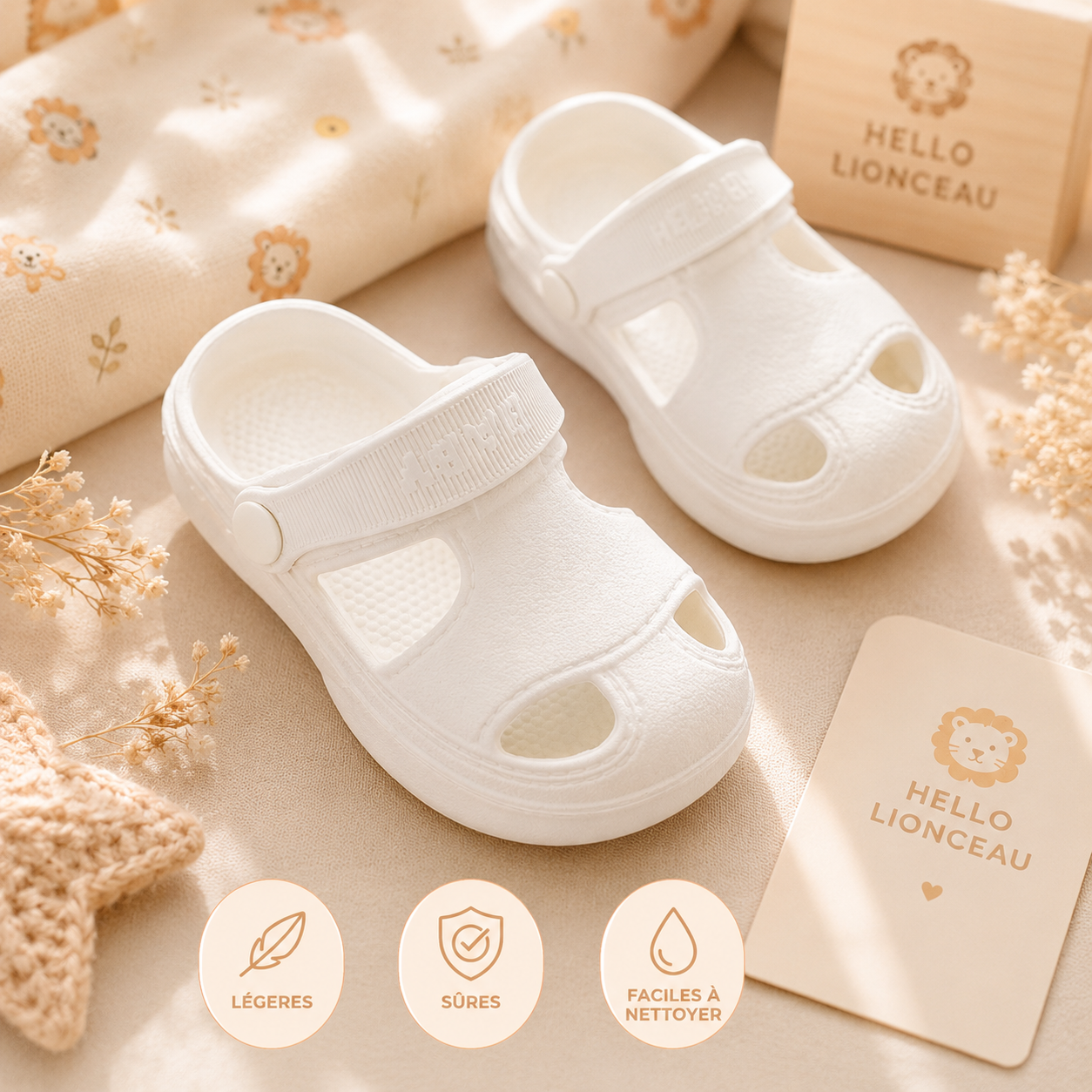 Sandales bébé blanches antidérapantes avec bride arrière, présentées sur un décor doux aux tons pastel et naturels.