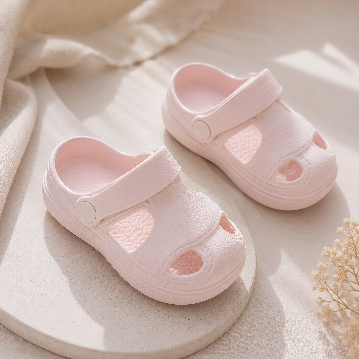 Sandales bébé roses ajourées avec bride réglable, présentées dans une mise en scène douce et minimaliste.