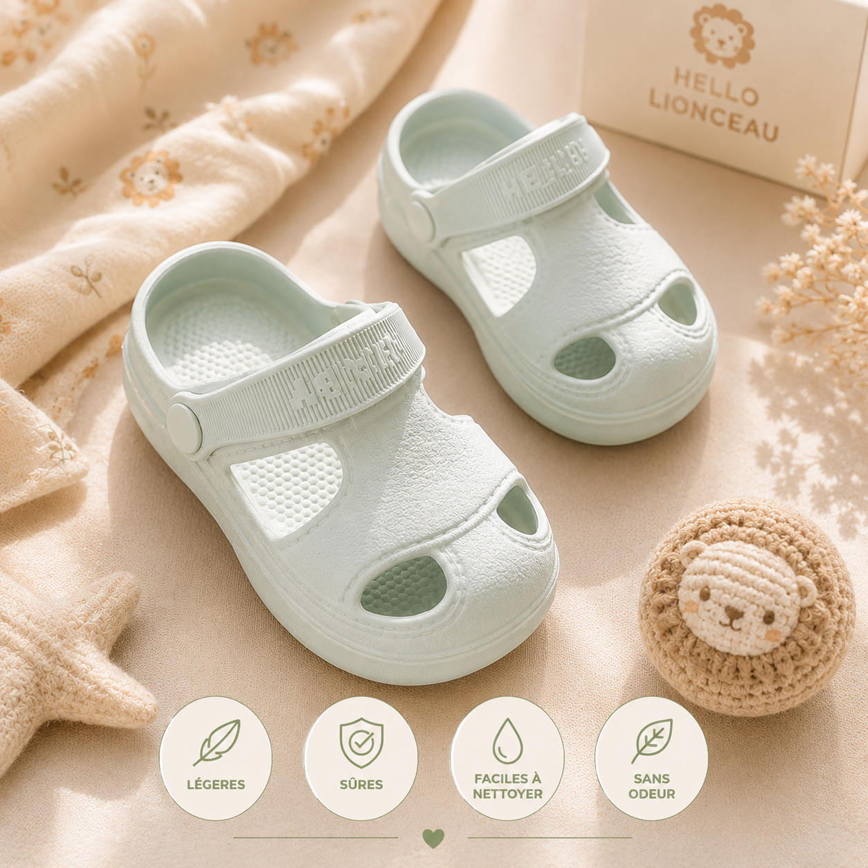 Sandales bébé vertes antidérapantes avec bride arrière, présentées sur un décor doux aux tons pastel et naturels.
