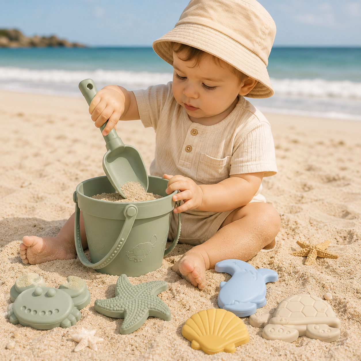Bébé jouant avec un set de plage en silicone alimentaire vert sur le sable, avec seau souple, pelle et moules marins pastel au bord de la mer