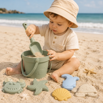 Bébé jouant avec un set de plage en silicone alimentaire vert sur le sable, avec seau souple, pelle et moules marins pastel au bord de la mer