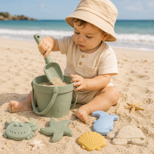 Bébé jouant avec un set de plage en silicone alimentaire vert sur le sable, avec seau souple, pelle et moules marins pastel au bord de la mer
