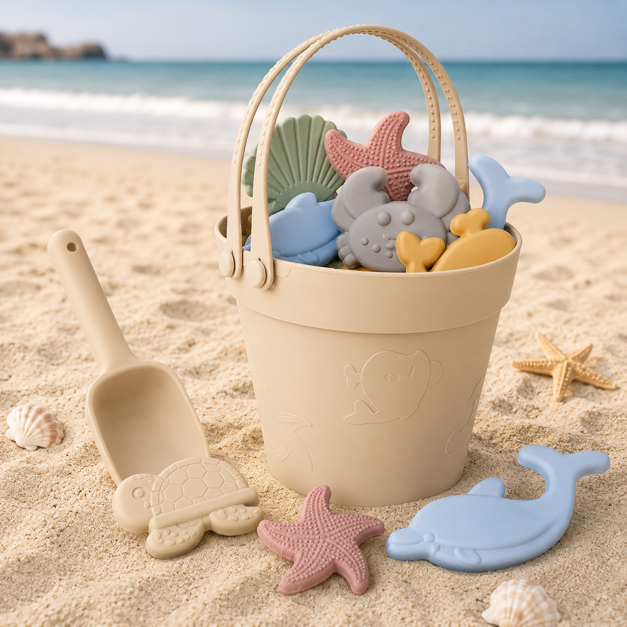Set de jouets de plage en silicone alimentaire beige avec seau souple, pelle et moules animaux marins disposés sur le sable face à l’océan