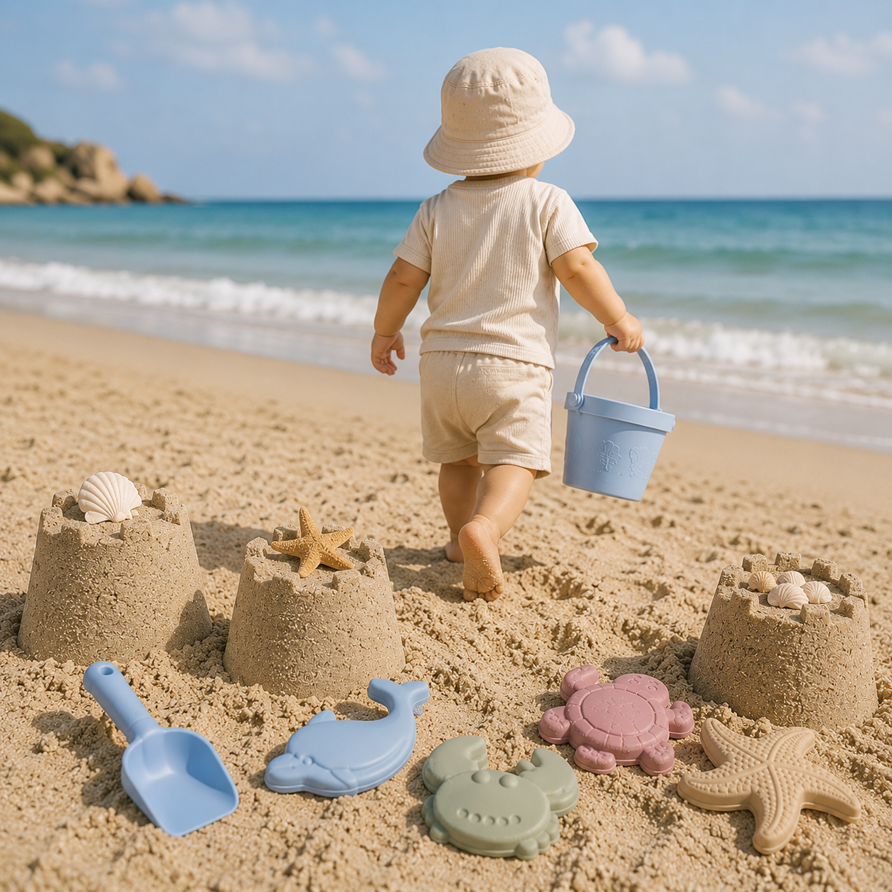 Bébé marchant vers la mer avec un seau de plage bleu en silicone, entouré de pâtés de sable et de jouets de plage pastel.