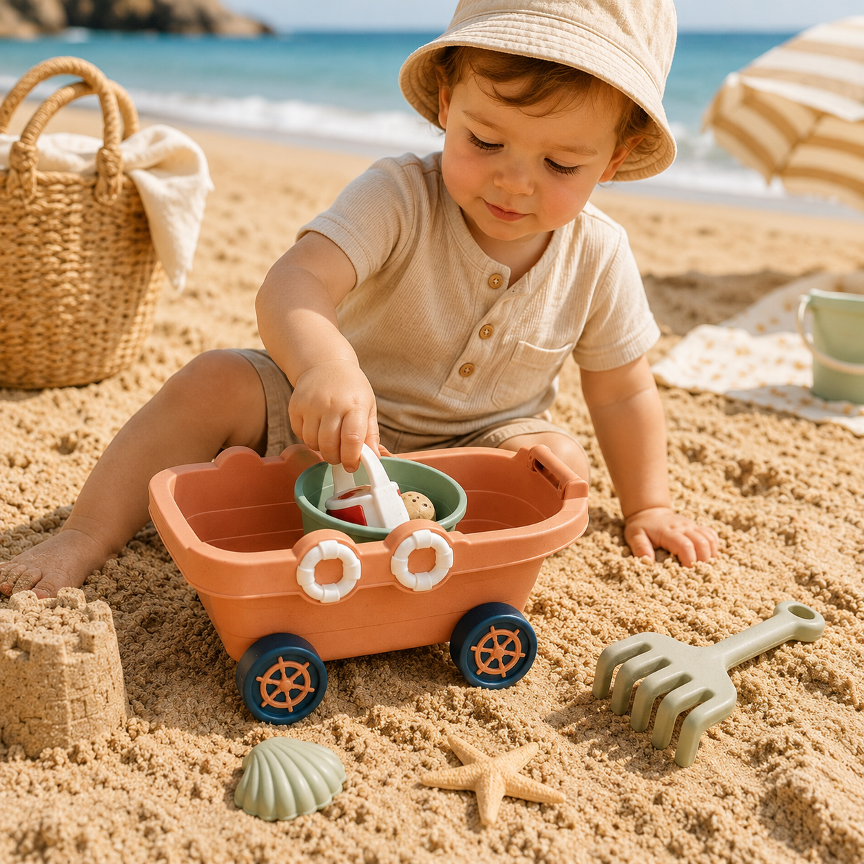 Bébé jouant sur la plage avec une barque à roulettes, un râteau et des moules à sable.