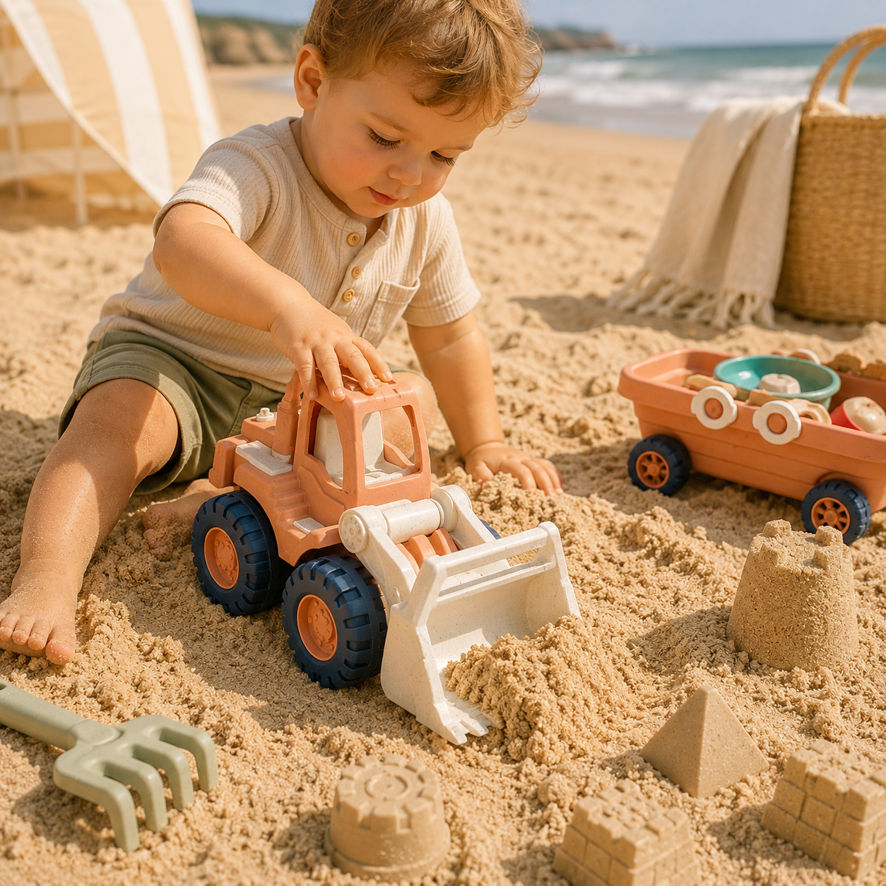 Enfant jouant sur la plage avec un bulldozer de plage, un chariot à roulettes et des moules à sable.
