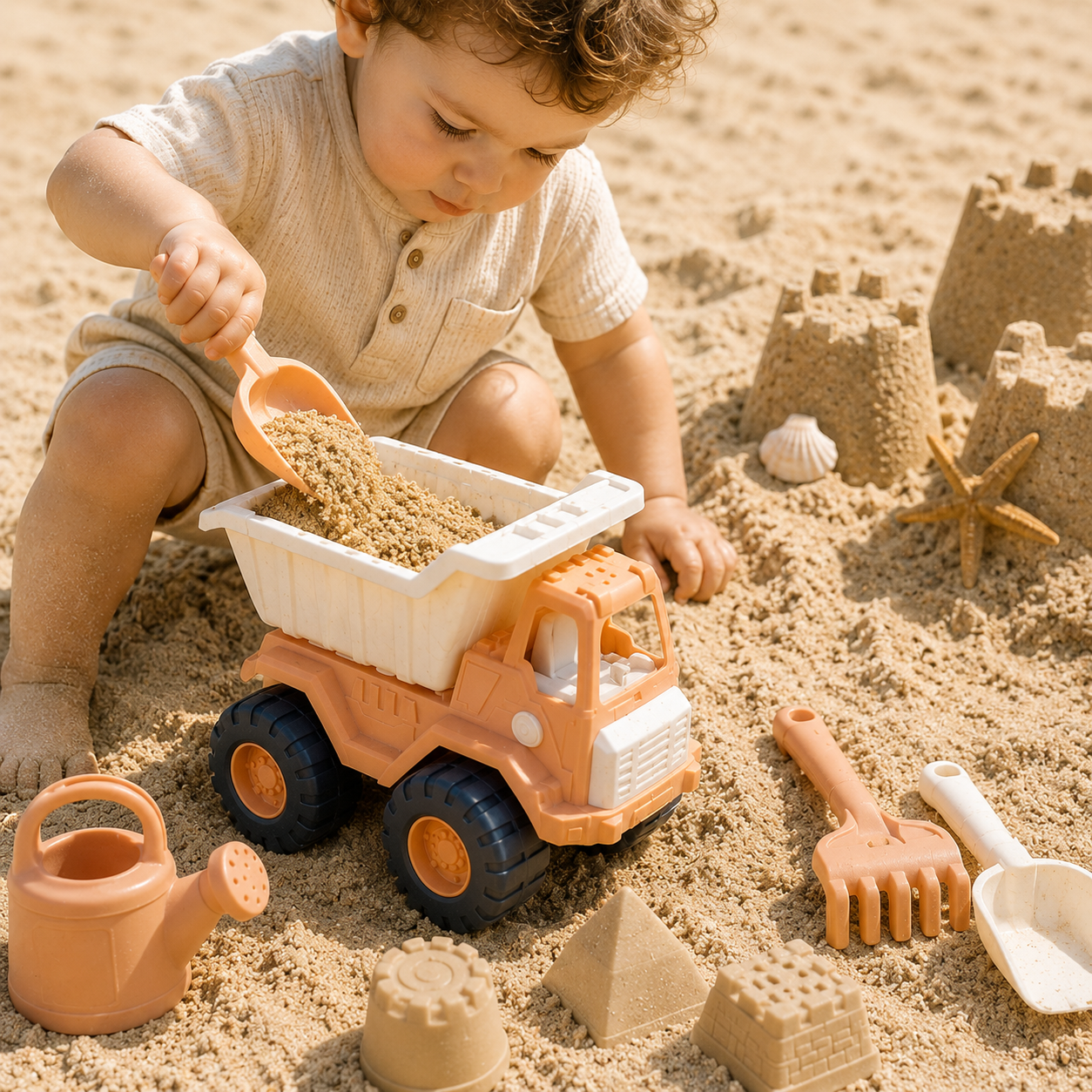 Enfant jouant dans le sable avec un camion benne de plage, une pelle, un râteau et des moules à sable.