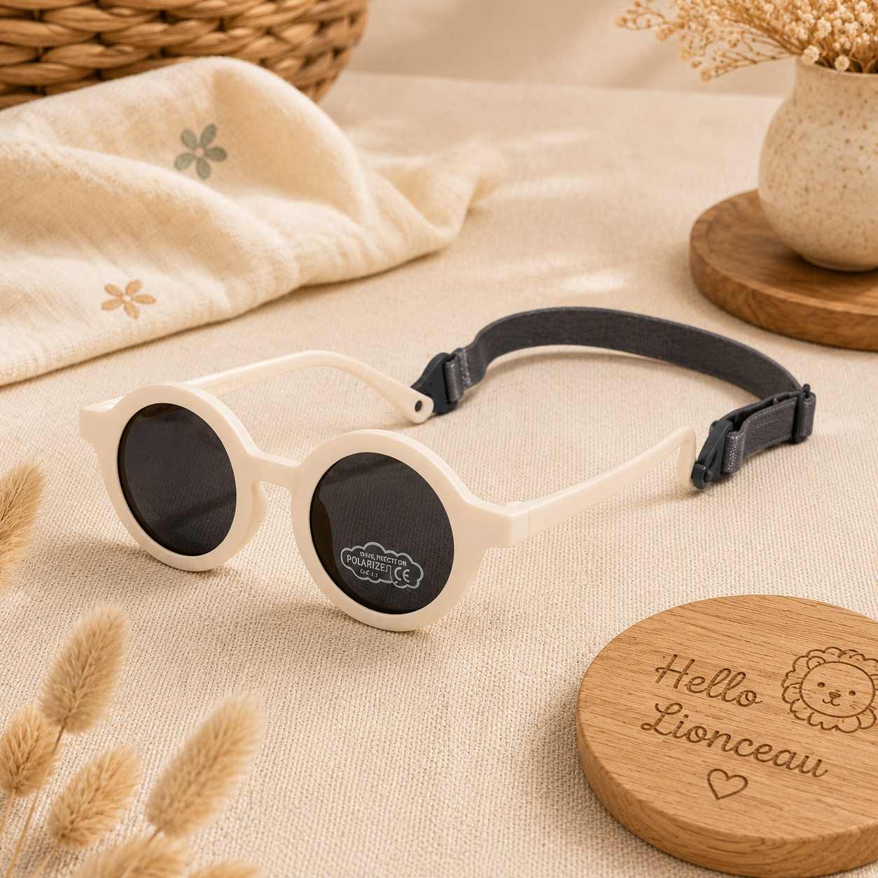Lunettes de soleil bébé beige avec verres noirs polarisés UV400 et bandeau élastique ajustable, présentées dans une mise en scène douce aux tons naturels.