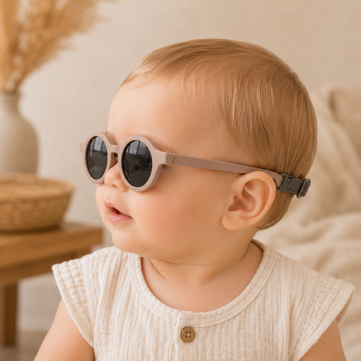 Bébé portant des lunettes de soleil rondes beige avec verres noirs polarisés et bandeau élastique ajustable, dans un univers bohème aux tons naturels.