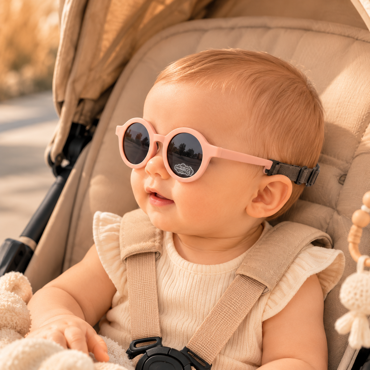 Bébé installé dans une poussette beige portant des lunettes de soleil rondes roses avec verres noirs polarisés et bandeau élastique ajustable.