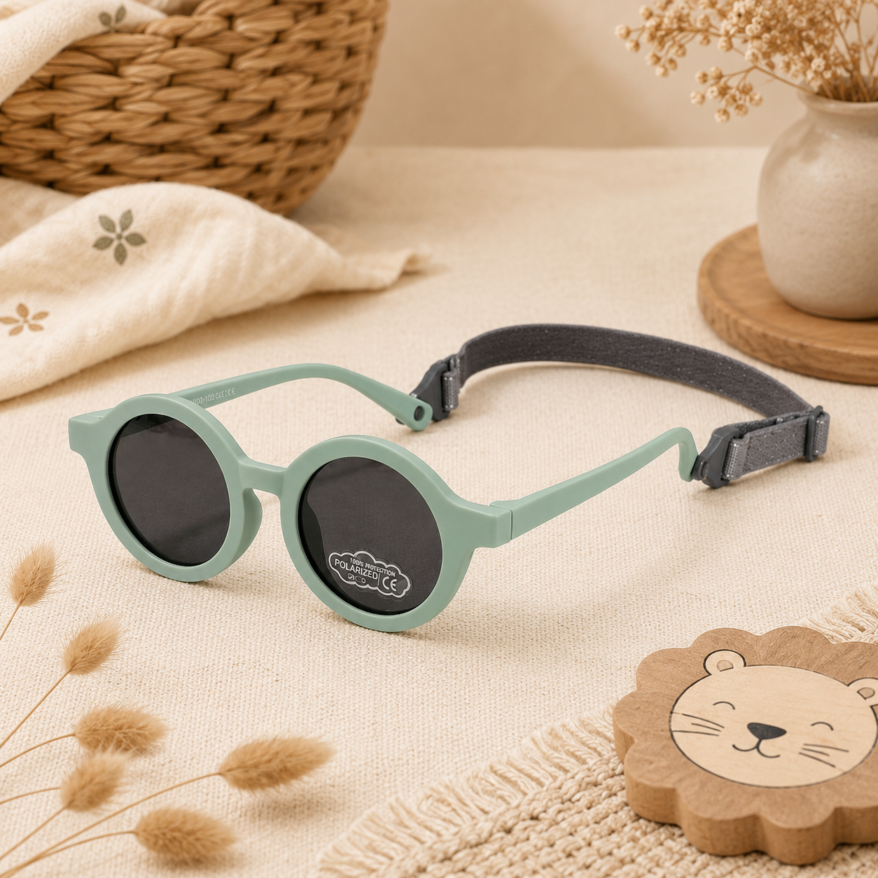 Lunettes de soleil bébé vert sauge avec verres noirs polarisés UV400 et bandeau élastique ajustable, présentées dans une mise en scène bohème aux tons naturels.