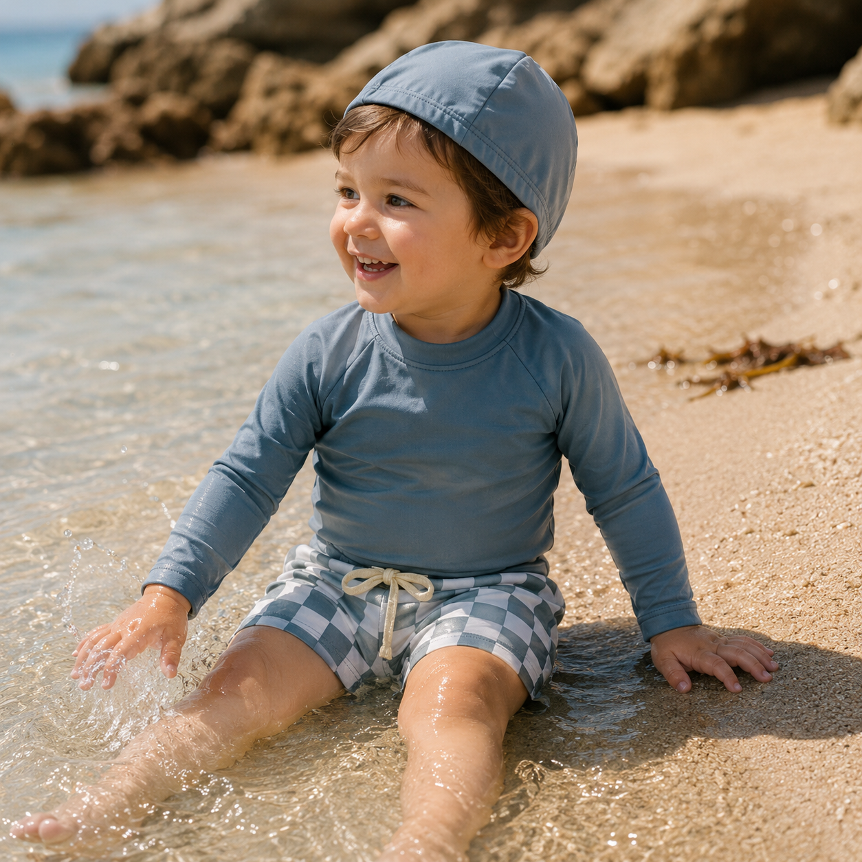 Bébé portant un maillot de bain bleu à manches longues avec short à carreaux et bonnet assorti, assis au bord de l’eau sur la plage.
