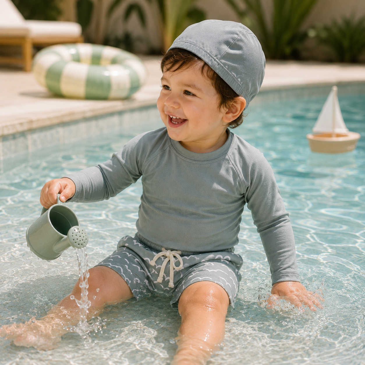 Bébé portant un ensemble de bain gris à manches longues avec short à motifs et bonnet assorti, jouant dans une piscine peu profonde avec un arrosoir.