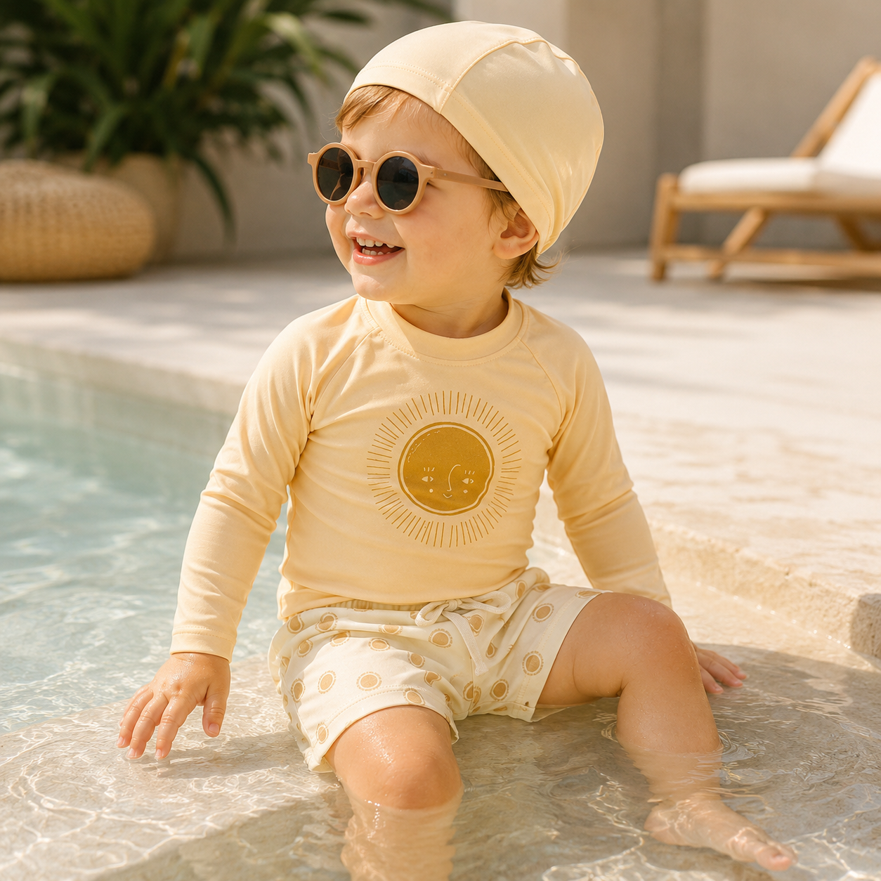 Bébé portant un ensemble de bain jaune avec manches longues, short à motifs et bonnet assorti, assis au bord d’une piscine avec des lunettes de soleil.
