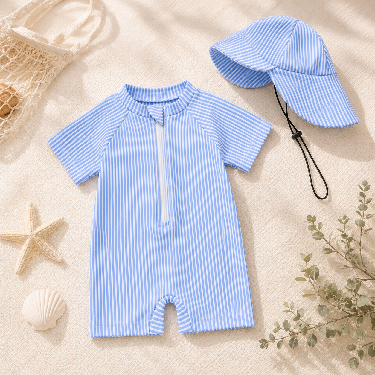 Ensemble maillot de bain bébé rayé bleu avec chapeau assorti présenté dans une mise en scène plage douce et naturelle.