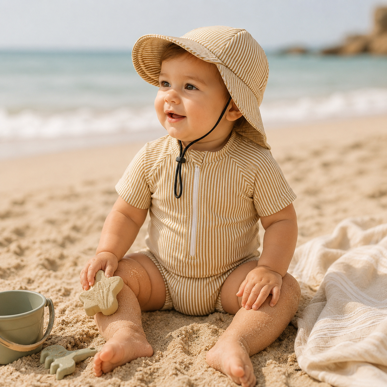 Bébé portant un maillot de bain rayé beige avec chapeau assorti sur la plage, assis dans le sable avec des jouets de plage.