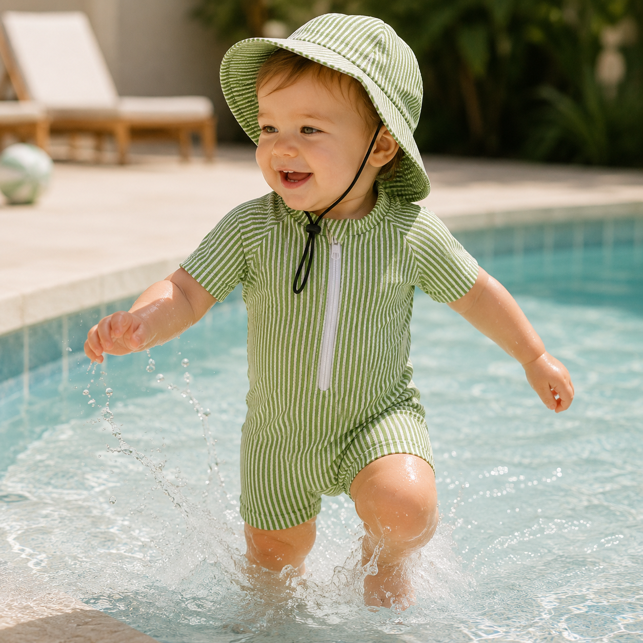 Bébé portant un maillot de bain rayé vert avec chapeau assorti, marchant dans une piscine peu profonde sous le soleil.