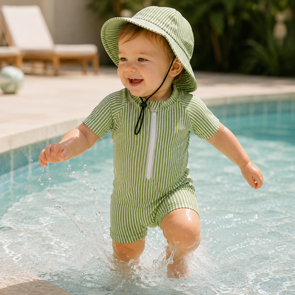 Bébé portant un maillot de bain rayé vert avec chapeau assorti, marchant dans une piscine peu profonde sous le soleil.