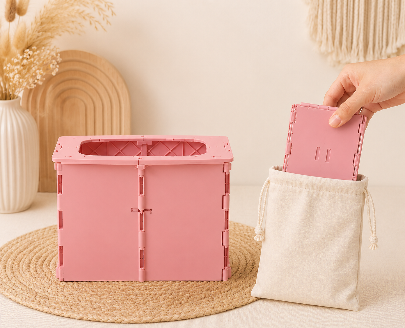 Pot nomade pliable rose présenté dans une mise en scène bohème beige et terracotta avec décor naturel et lumière douce.