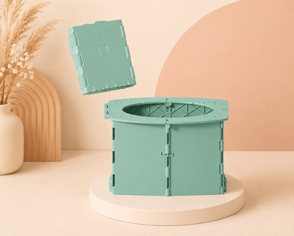 Pot nomade pliable vert sauge présenté dans une mise en scène bohème beige et terracotta avec décor naturel et lumière douce.