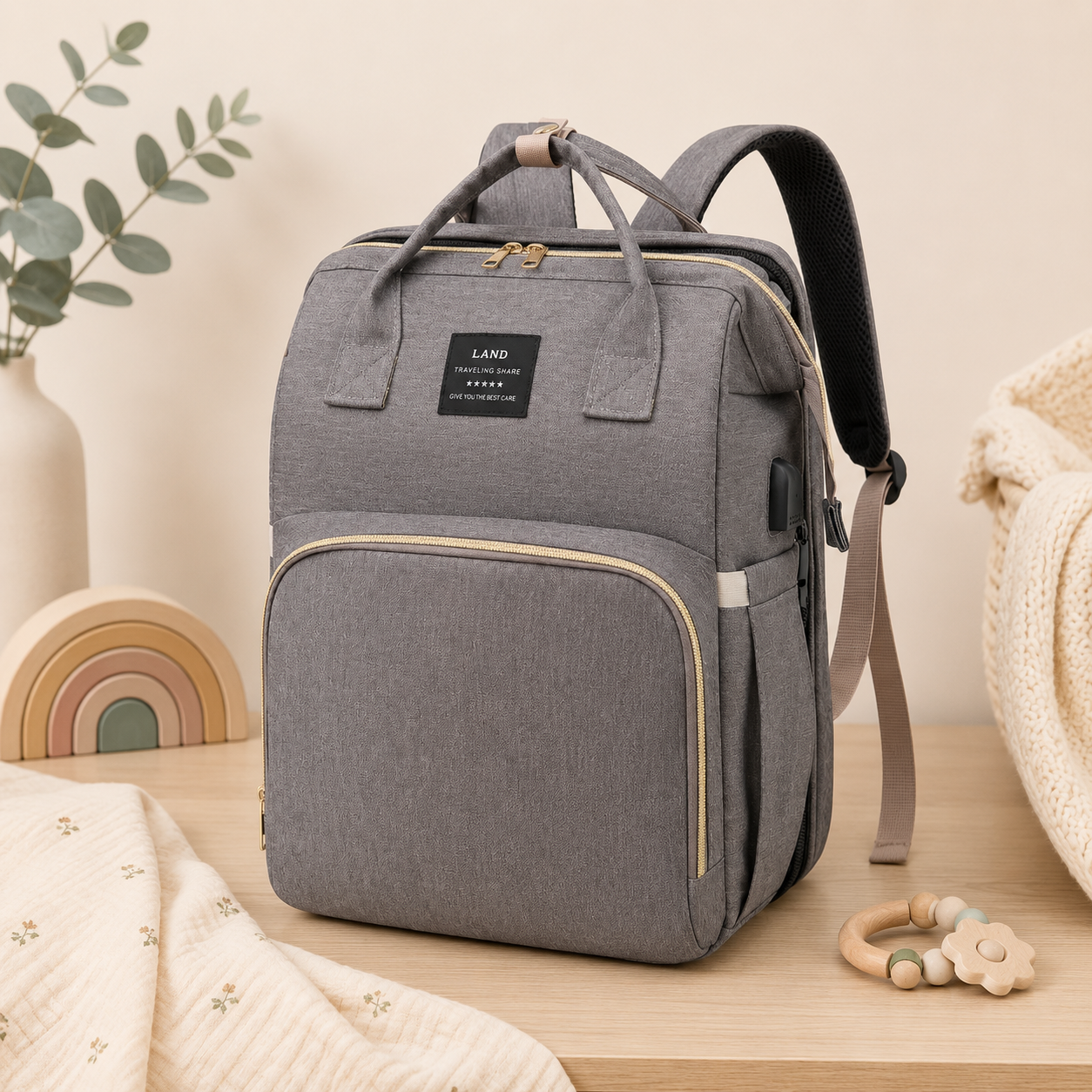 Sac à langer sac à dos gris avec grande capacité et design pratique pour bébé