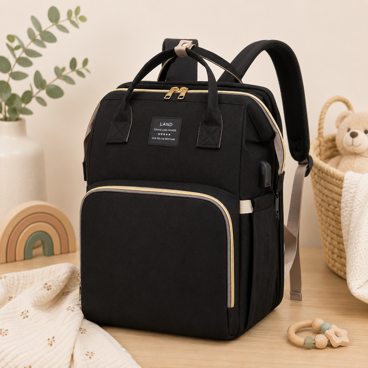 Sac à langer sac à dos noir multifonction avec nombreux rangements pour bébé