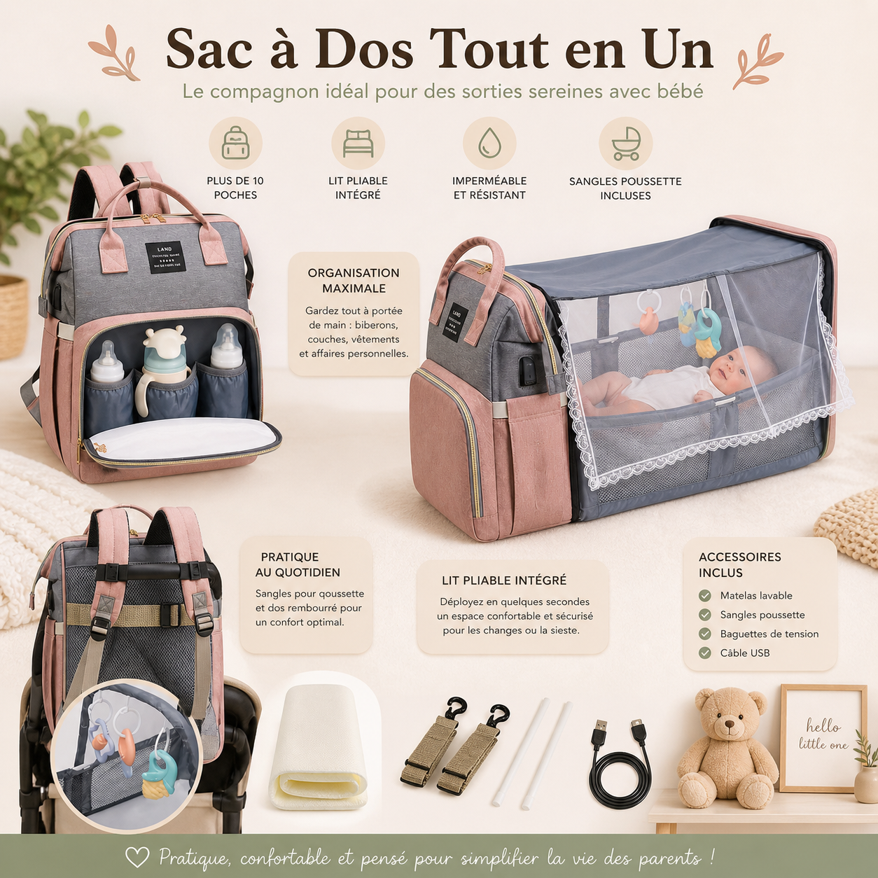 Sac à dos avec 3 biberons dans la poche avant. Sac à dos déplié avec un enfant sur le matelas. 