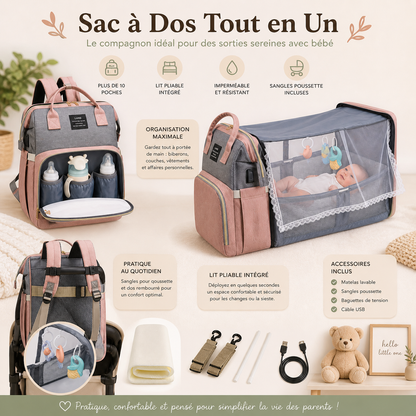 Sac à dos avec 3 biberons dans la poche avant. Sac à dos déplié avec un enfant sur le matelas. 