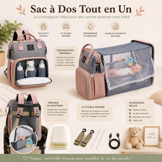Sac à dos avec 3 biberons dans la poche avant. Sac à dos déplié avec un enfant sur le matelas. 